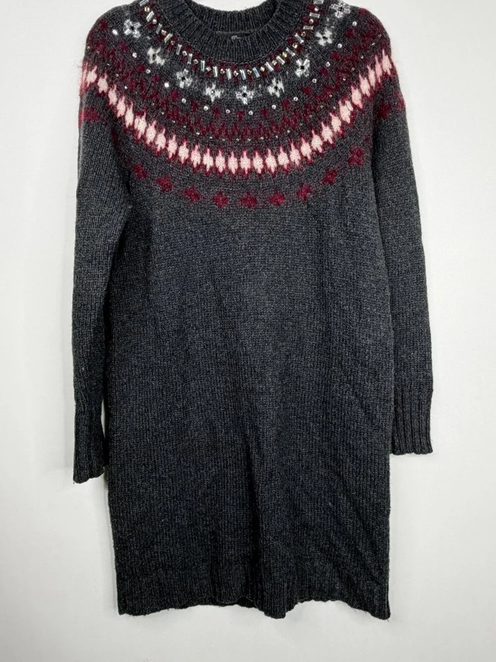 J. Crew Flair Isle Embroidered Wool Tricot Tunic Sweater Dress Charcoal #A2864